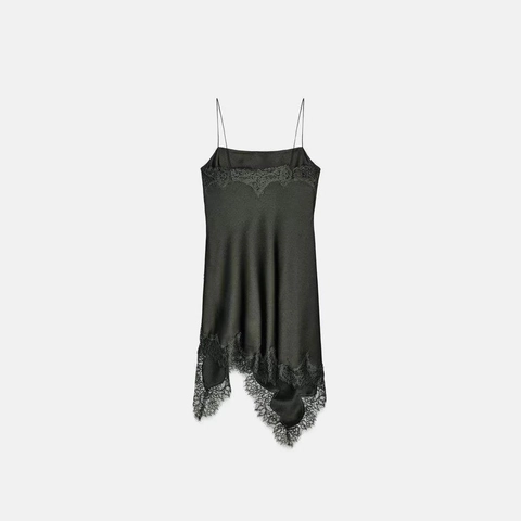 Sexy Rugloze Satin Kant Slip Dress Voor Vrouwen Zwart Spaghettibandjes Asymmetrische Zoom Elegant Party Midi Jurk