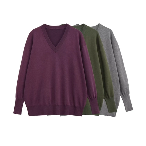 Pull en Tricot Décontracté à Col en V pour Femme Ample Oversize Manches Longues Pullover Streetwear Automne Hiver
