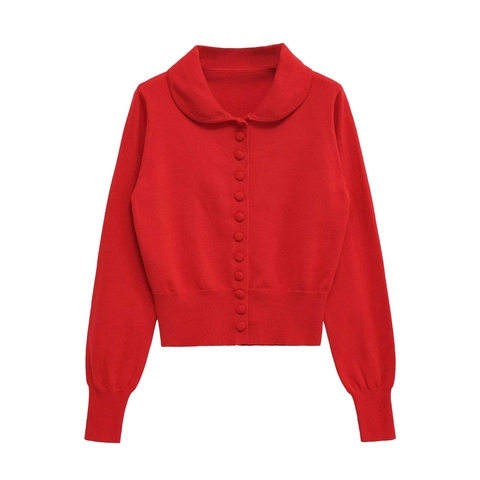 Damen Minimalistisch Peter-Pan-Kragen Langarm Strickjacke Slim Fit Einreihig Pullover Top Einfarbig Rot Mode Oberteil
