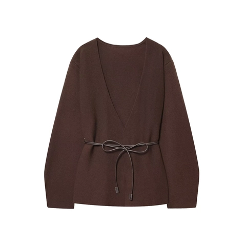 Women V Neck Long Sleeve Knit Cardigan With Belt Elegant Solid Color Polyester Ribbed Sweater Top For Casual Daily Wear