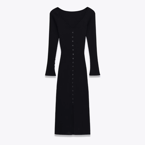 Women's V-Neck Ribbed Knit Midi Dress Slim Fit Long Sleeve Button Front Solid Color Elegant Casual Autumn Dress