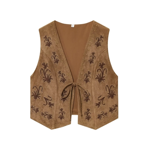 Women Retro Embroidery Faux Suede Vest Boho V Neck Lace Up Sleeveless Waistcoat Ethnic Floral Embroidered Top