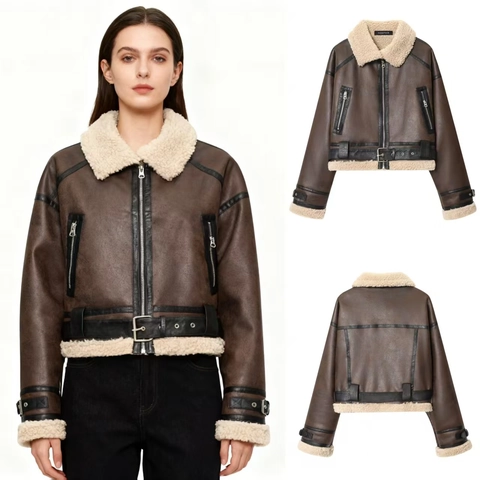 Damen Vintage Kunstleder Fliegerjacke Retro Lammfellfutter Kurzer Moto Biker Mantel Mit Gürtel Revers Dicke Oberbekleidung