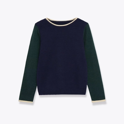 Jersey de Punto con Bloques de Color para Mujer Cuello Redondo Manga Larga Pulóver Suave de Poliéster Azul Oscuro Verde