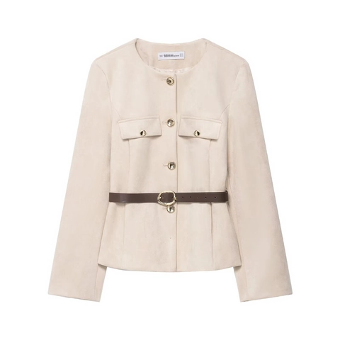 Chaqueta Elegante de Ante para Mujer con Cuello Redondo y Cinturón Blazer de Manga Larga Color Sólido con Botones Dorados