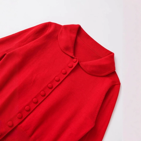 Damen Minimalistisch Peter-Pan-Kragen Langarm Strickjacke Slim Fit Einreihig Pullover Top Einfarbig Rot Mode Oberteil