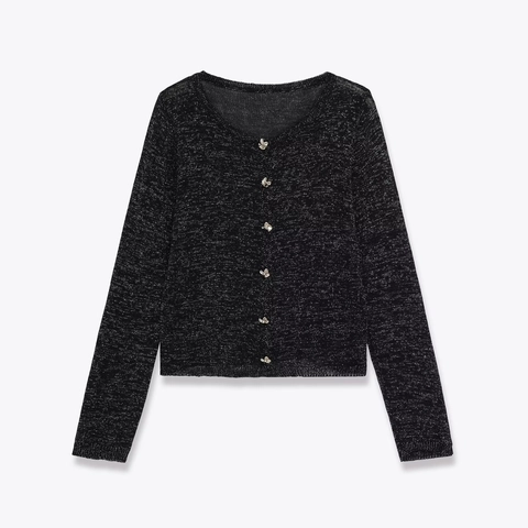 Elegante Cardigan da Donna in Maglia Lurex Nera Con Bottoni in Metallo a Fiocco Argento Girocollo a Maniche Lunghe Top Scintillante da Festa
