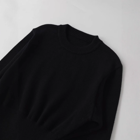 Suéter de Punto Corto Ajustado para Mujer Cuello Redondo Manga Larga Color Sólido Negro Pullover Acanalado Top Otoño