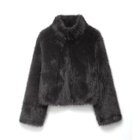 Eleganter Damen Kunstpelz Mantel Stehkragen Shaggy Schwarz Jacke Warm Winter Oberbekleidung Einfarbig Langarm Mode Top