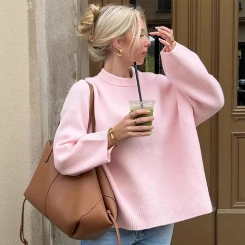 Damen Casual Einfarbig Rundhals Strickpullover Locker Langarm Übergroßer Pullover Jumper Weich Polyester Strickwaren