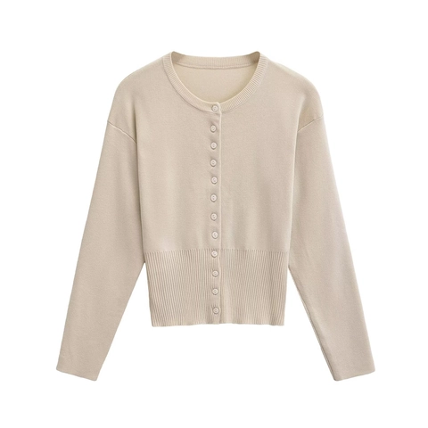 Gilet en Tricot Minimaliste pour Femme Col Rond Manches Longues Simple Boutonnage Couleur Unie Coupe Cintrée Pull en Polyester Kaki