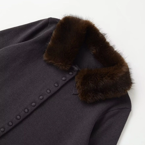 Women Vintage Faux Fur Collar Knitted Cardigan Sweater Long Sleeve Single Breasted Jacket Solid Color Button Up Top