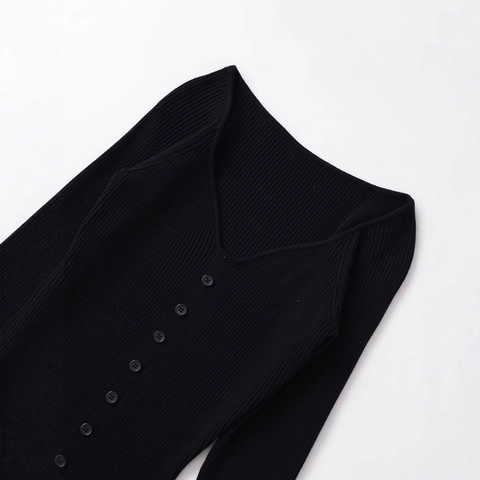 Women's V-Neck Ribbed Knit Midi Dress Slim Fit Long Sleeve Button Front Solid Color Elegant Casual Autumn Dress