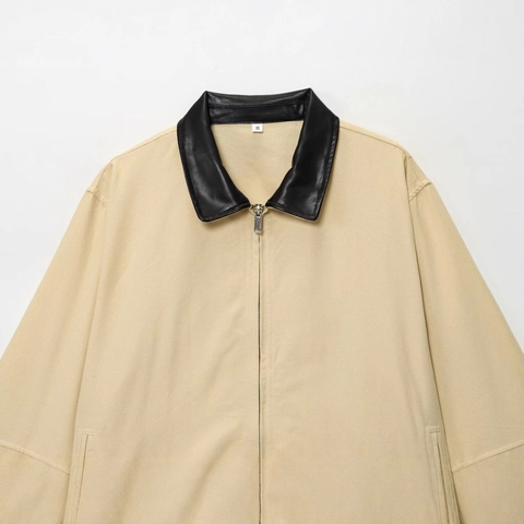 Women Contrast Leather Collar Beige Casual Jacket Patchwork Zip Up Pocket Long Sleeve Outerwear Top