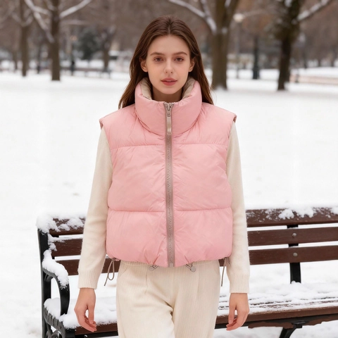 Women Stand Collar Reversible Padded Vest Sleeveless Quilted Jacket Full Zip Waistcoat With Adjustable Drawstring Hem Outerwear