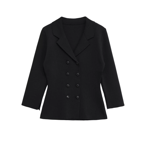Women's Knitted Double Breasted Blazer Fashion Lapel Three Quarter Sleeve Slim Fit Solid Color Casual Streetwear Jacket