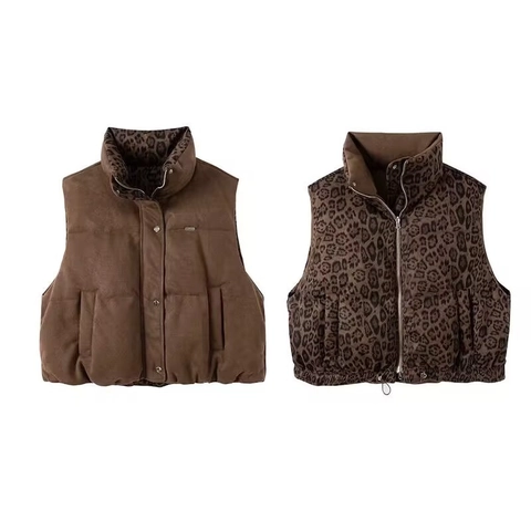 Women Reversible Leopard Print Padded Vest Stand Collar Suede Feel Quilted Sleeveless Jacket Warm Winter Outwear With Pockets