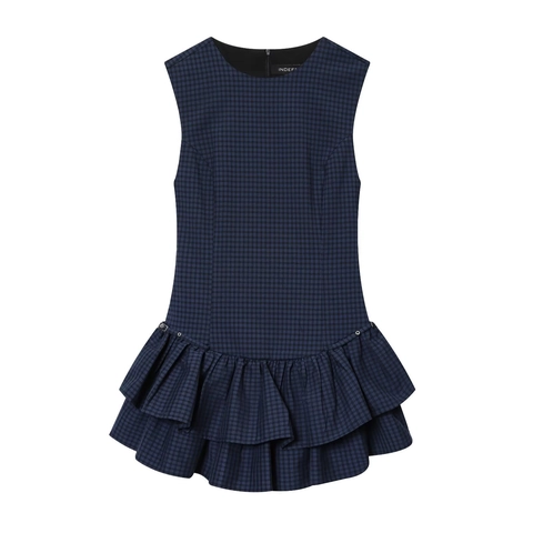 Elegante Mouwloze Mini Jurk met Blauwe Ruitjes voor Dames Ronde Hals Ruisjeszoom Rits Achterkant Zomer Polyester Jurk