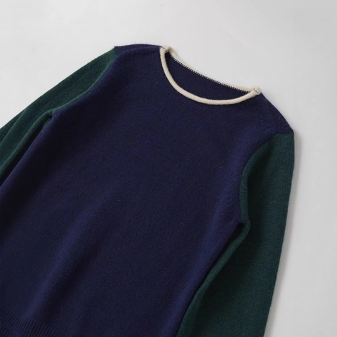 Jersey de Punto con Bloques de Color para Mujer Cuello Redondo Manga Larga Pulóver Suave de Poliéster Azul Oscuro Verde