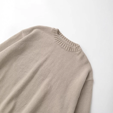 Maglione Pullover in Maglia Larga Casual da Donna Tinta Unita Girocollo Manica Lunga Polsini a Costine Cachi Autunno Inverno