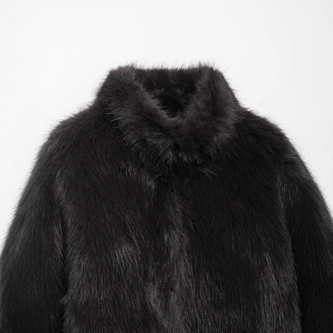 Eleganter Damen Kunstpelz Mantel Stehkragen Shaggy Schwarz Jacke Warm Winter Oberbekleidung Einfarbig Langarm Mode Top