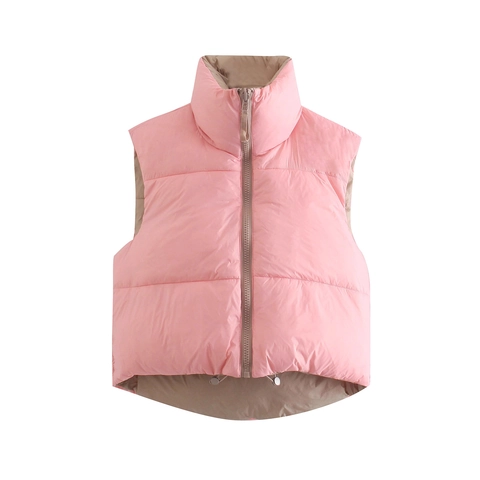 Women Stand Collar Puffer Vest Quilted Sleeveless Jacket Color Block Polyester Padded Waistcoat With Drawstring Hem Outwear