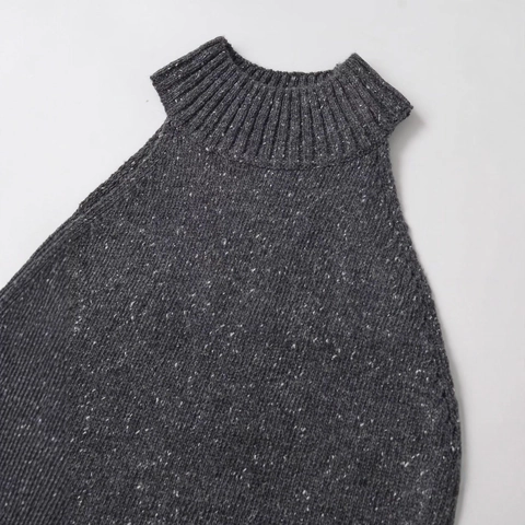 Damen Strickoberteil Französischer Stil Halfterhals Hochkragen Ärmellos Meliert Grau Gerippt Strickpullover Tanktop