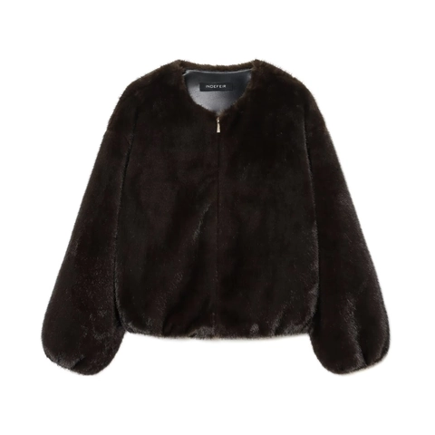 Women Faux Fur Bomber Jacket Coffee Brown Round Neck Zip Up Short Plush Coat Casual Solid Color Streetwear Warm Outerwear
