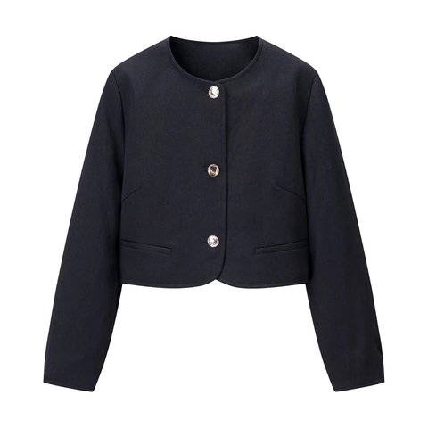 Women's Elegant Solid Color Round Neck Short Blazer Slim Fit Long Sleeve Jacket With Gold Buttons Office Lady Outerwear