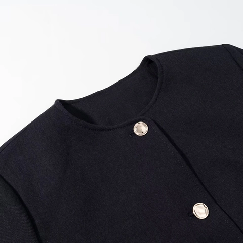 Women's Elegant Solid Color Round Neck Short Blazer Slim Fit Long Sleeve Jacket With Gold Buttons Office Lady Outerwear