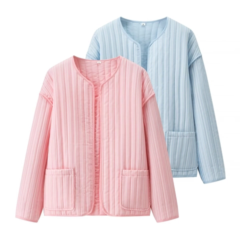 Giacca Trapuntata a Righe Casual da Donna Girocollo Manica Lunga Aperta Davanti Cappotto Imbottito Leggero Con Grandi Tasche