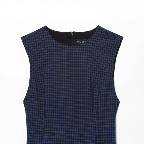 Elegante Mouwloze Mini Jurk met Blauwe Ruitjes voor Dames Ronde Hals Ruisjeszoom Rits Achterkant Zomer Polyester Jurk