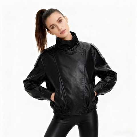 Dames Kunstleer Moto Biker Jas Revers Asymmetrische Rits Lange Mouw PU Bovenkleding Mantel Met Epauletten Zwart
