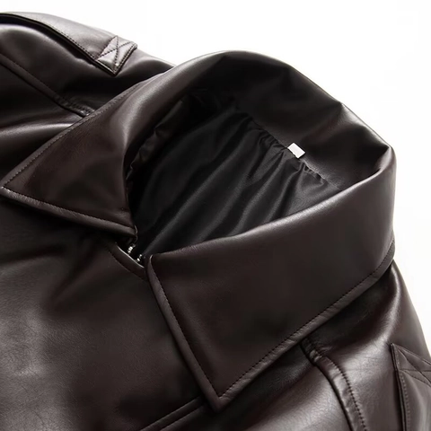 Chaqueta de Cuero PU Suelta para Mujer Elegante Solapa Manga Larga Marrón Oscuro Moto Biker Abrigo Chic Otoño Invierno Ropa de Abrigo