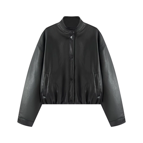 Women Faux Leather Bomber Jacket Loose Stand Collar Padded PU Leather Motorcycle Jacket Solid Black Streetwear Coat