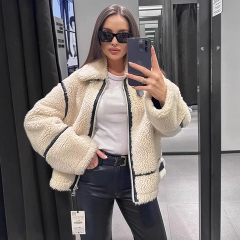Damen Chic Faux Lammwolle Patchwork Jacke Kontrast Kunstlederbesatz Stehkragen Reißverschluss Warm Herbst Winter Moto Mantel