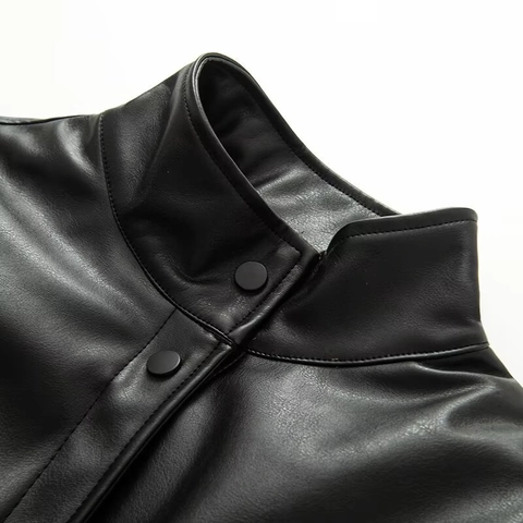 Women Faux Leather Bomber Jacket Loose Stand Collar Padded PU Leather Motorcycle Jacket Solid Black Streetwear Coat