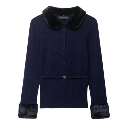 Dames Diepblauw Gebreid Vest Met Imitatiebont Kraag En Manchetten Elegant Knoopsluiting Lange Mouwen Slim Fit Bovenkleding