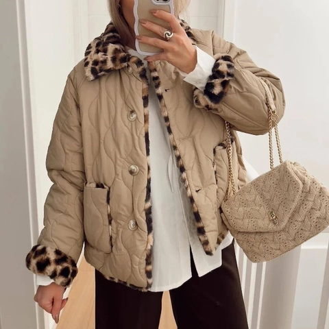 Dames Casual Gevoerde Gewatteerde Jas Met Luipaardprint Kunstbontkraag Contrast Single Breasted Warme Lange Mouwen Bovenkleding