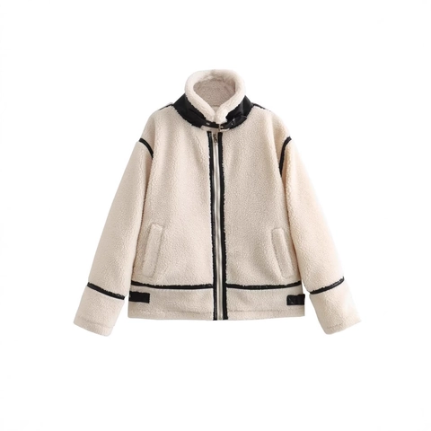 Women Chic Faux Lamb Wool Patchwork Jacket Contrast Faux Leather Trim Stand Collar Zip Up Warm Autumn Winter Moto Coat