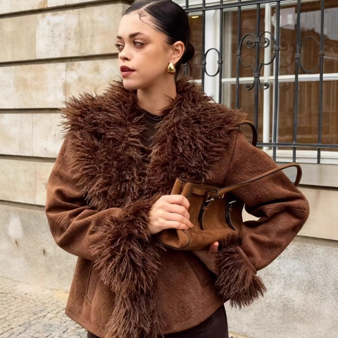 Damen Vintage Wildlederimitat Jacke Dick Warm Revers Kurzmantel Dunkelbraun Böhmisch Winter Oberbekleidung
