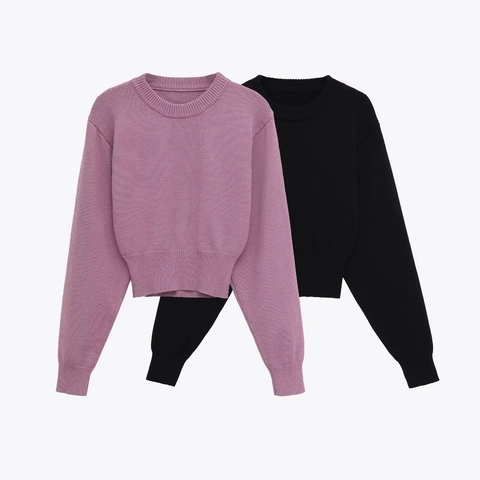 Suéter de Punto para Mujer Casual con Cuello Redondo Manga Larga Color Sólido Ajustado Top Pullover para Uso Diario