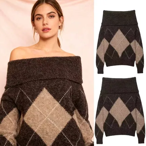 Suéter de Punto con Estampado de Rombos y Hombros Descubiertos para Mujer Manga Larga Poliéster Café Marrón Plaid Pullover Casual Tops de Invierno