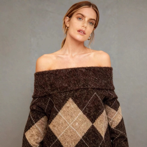 Suéter de Punto con Estampado de Rombos y Hombros Descubiertos para Mujer Manga Larga Poliéster Café Marrón Plaid Pullover Casual Tops de Invierno
