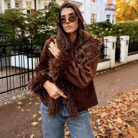 Damen Vintage Wildlederimitat Jacke Dick Warm Revers Kurzmantel Dunkelbraun Böhmisch Winter Oberbekleidung