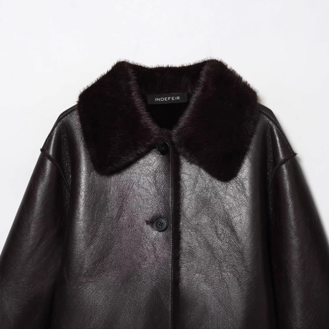 Giacca Vintage in Ecopelle da Donna Con Collo in Pelliccia Sintetica Marrone Reversibile Manica Lunga Cappotto Caldo