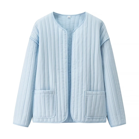 Giacca Trapuntata a Righe Casual da Donna Girocollo Manica Lunga Aperta Davanti Cappotto Imbottito Leggero Con Grandi Tasche