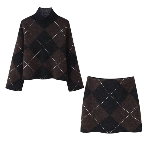 Argyle Knit High Neck Long Sleeve Sweater And Mini Skirt Outfit Vintage Streetwear For Women Polyester