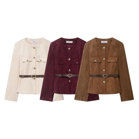 Chaqueta Elegante de Ante para Mujer con Cuello Redondo y Cinturón Blazer de Manga Larga Color Sólido con Botones Dorados
