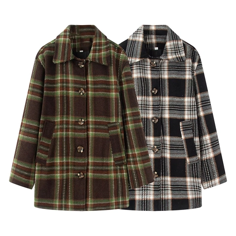 Damen Karierter Wollmantel Oversized Revers Spleißen Langarm Oberbekleidung Einreihige Karo Jacke Mit Taschen Mode Mantel